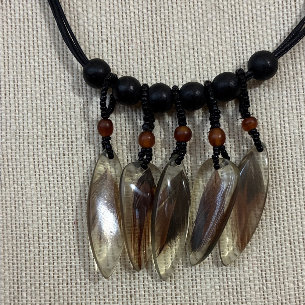 Vintage Black and Brown Beaded and feather acrylic bead Necklace